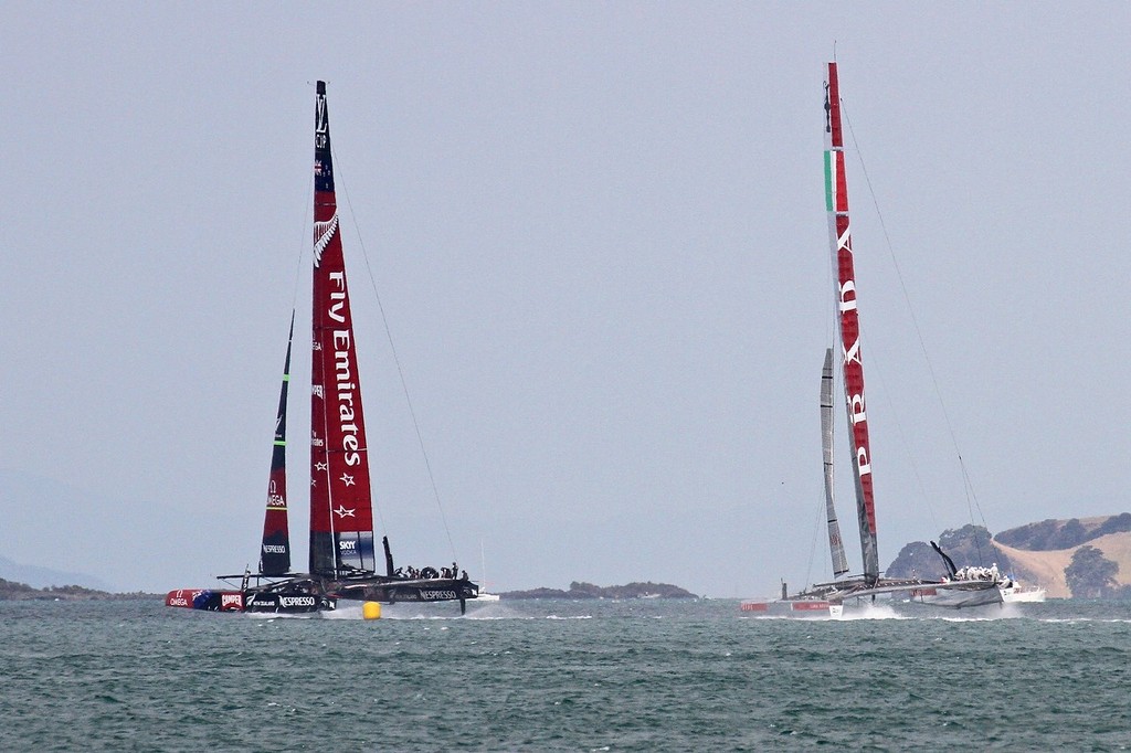 Emirates Team NZ foiling after reaching the turning mark - AC72 Race Practice - Takapuna March 8, 2013 © Richard Gladwell www.photosport.co.nz